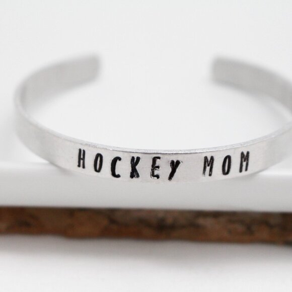 Hockey Mom - Hand Stamped Anodized Aluminum Bangle - Adjustable - Picture 8 of 11